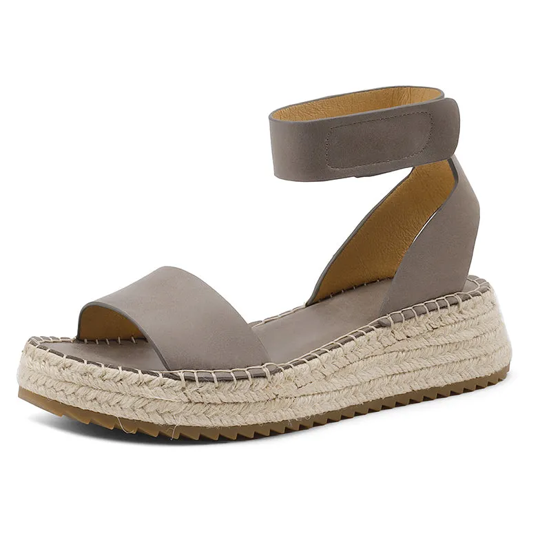 Slingback Espadrille-Wedge Leather Sandals in Beige/Brown/Khaki