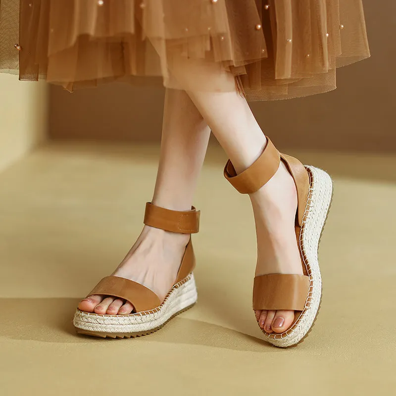 Slingback Espadrille-Wedge Leather Sandals in Beige/Brown/Khaki