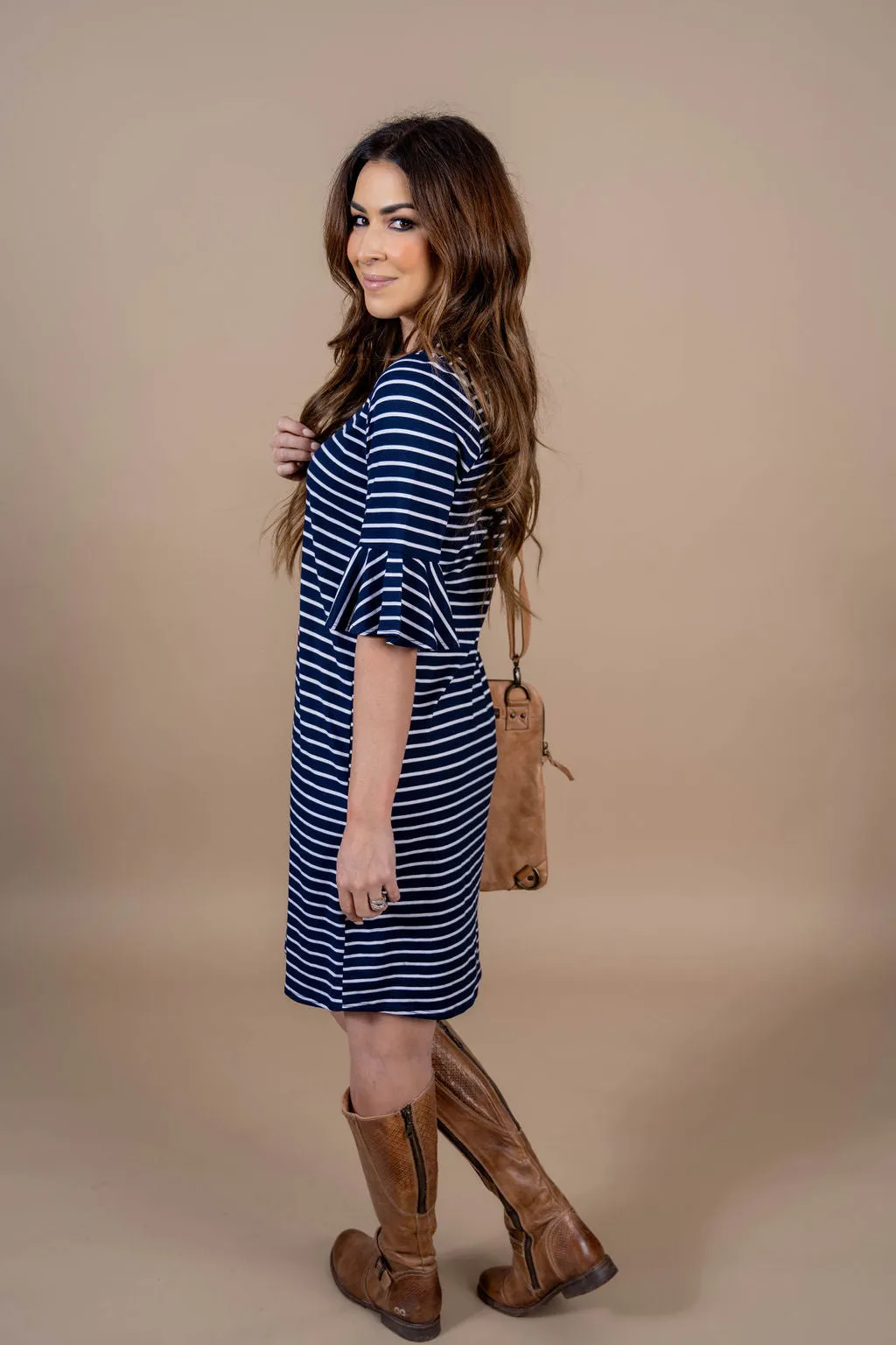 Striped 3/4 Bell Sleeve Dress