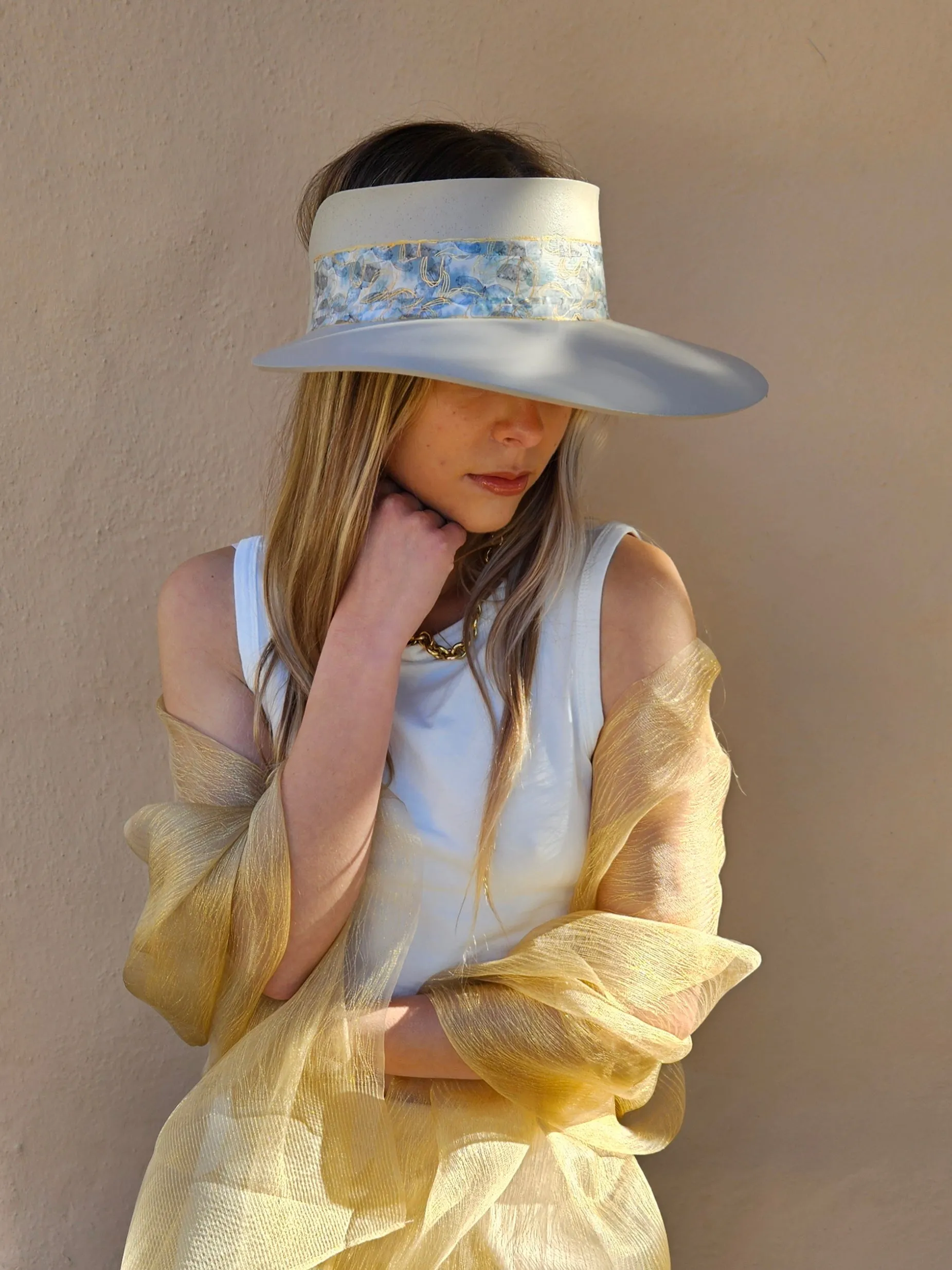 Tall Taupe "LadyEVA" Visor Hat with Soft Blue Floral Band