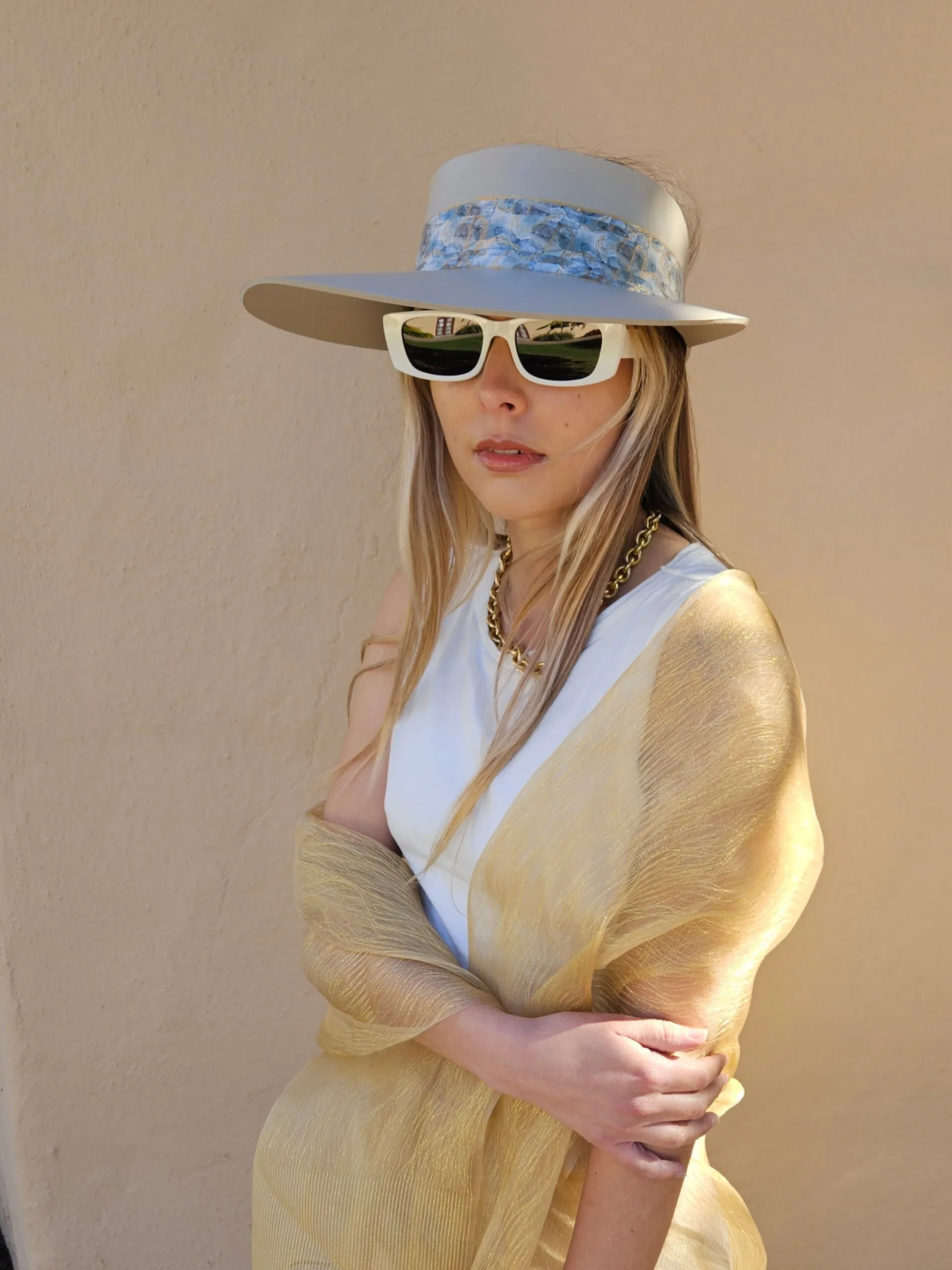 Tall Taupe "LadyEVA" Visor Hat with Soft Blue Floral Band