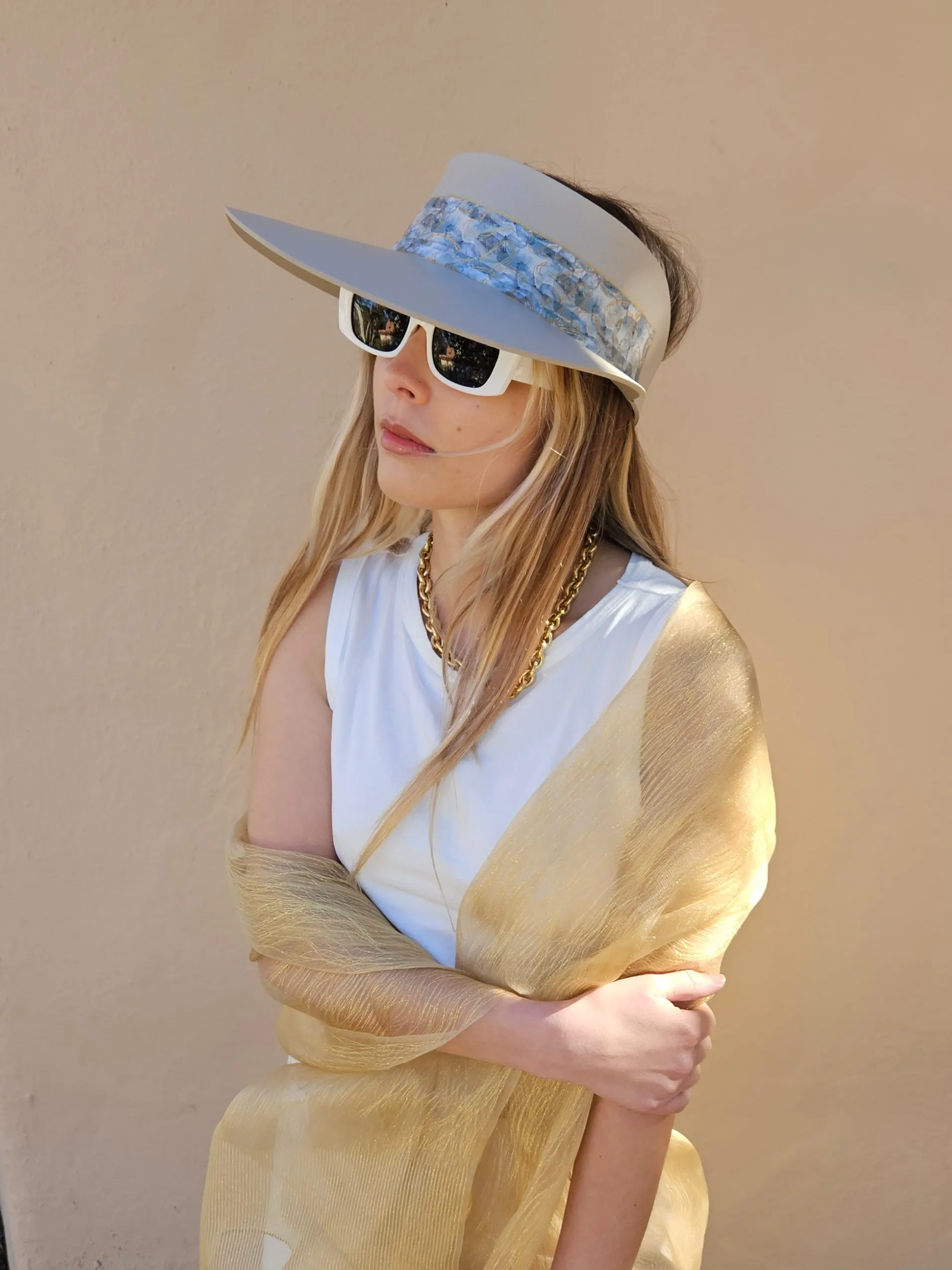 Tall Taupe "LadyEVA" Visor Hat with Soft Blue Floral Band