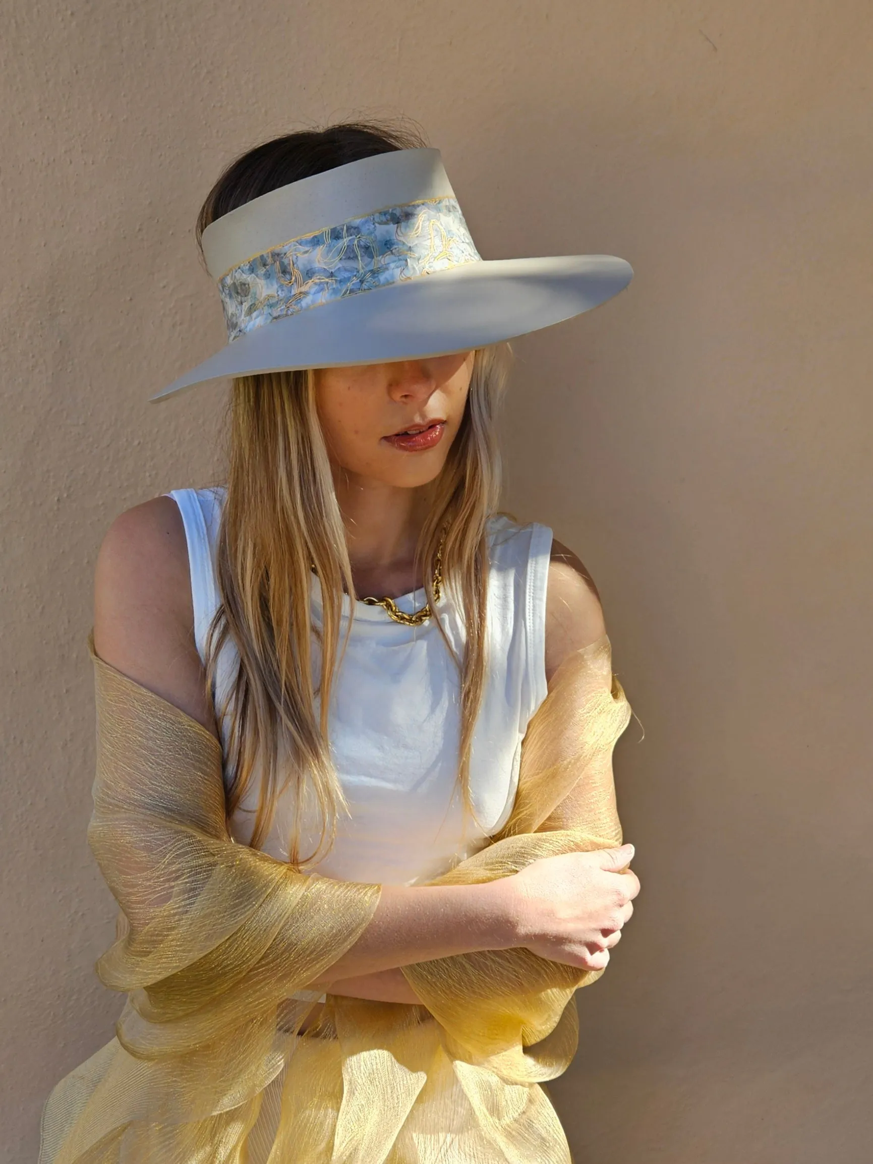 Tall Taupe "LadyEVA" Visor Hat with Soft Blue Floral Band