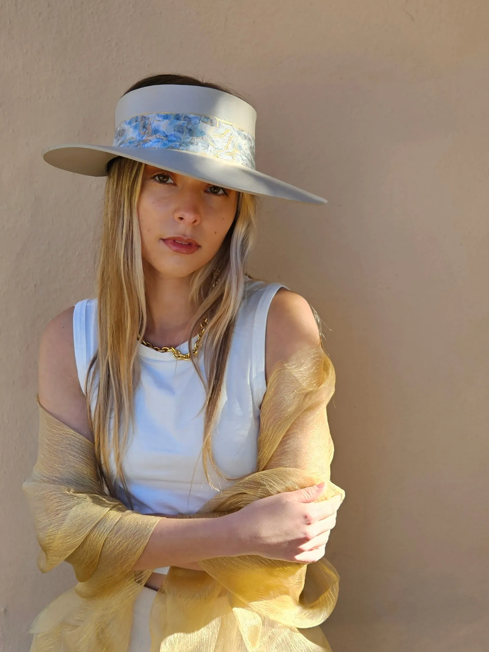 Tall Taupe "LadyEVA" Visor Hat with Soft Blue Floral Band