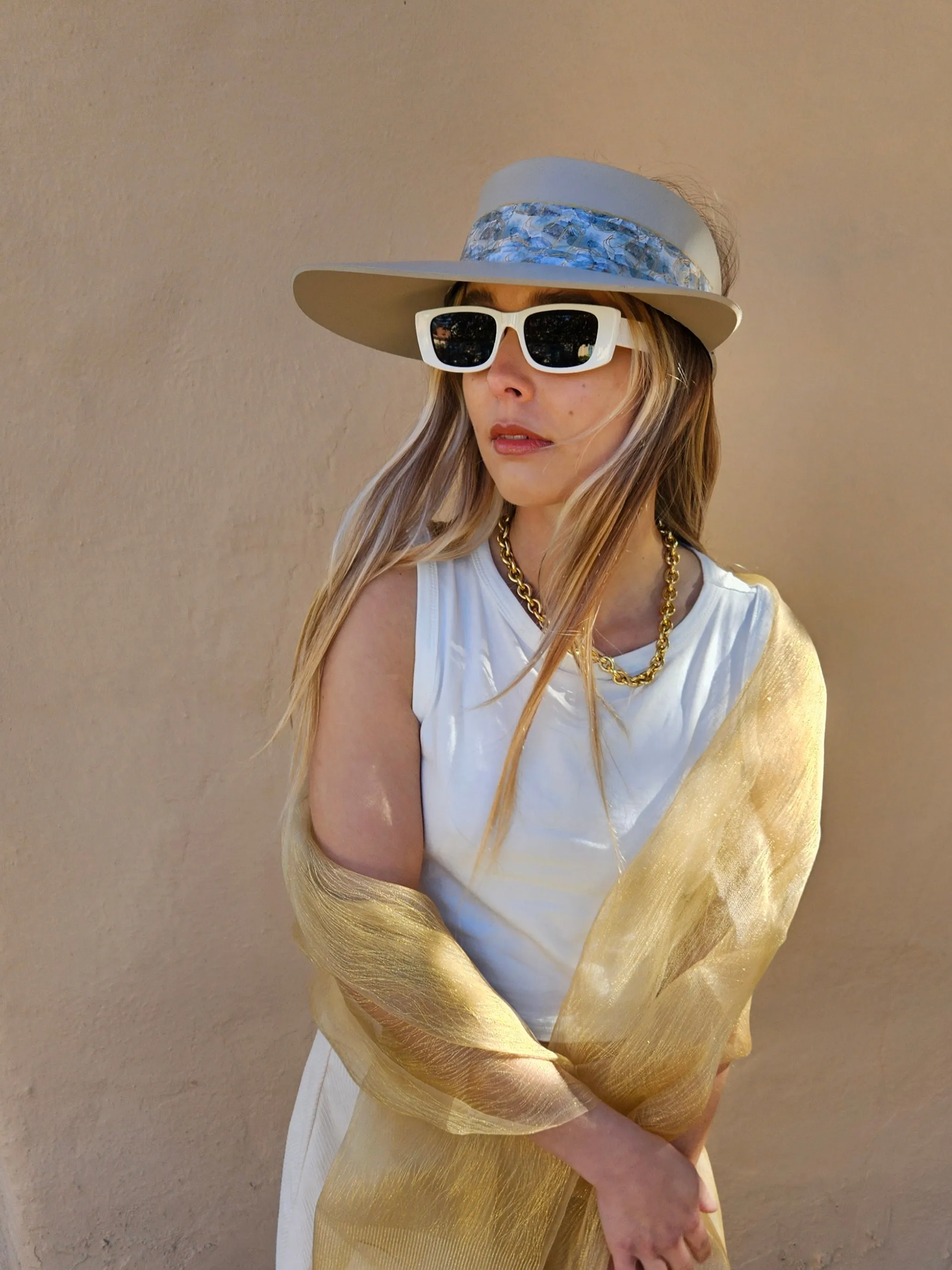 Tall Taupe "LadyEVA" Visor Hat with Soft Blue Floral Band