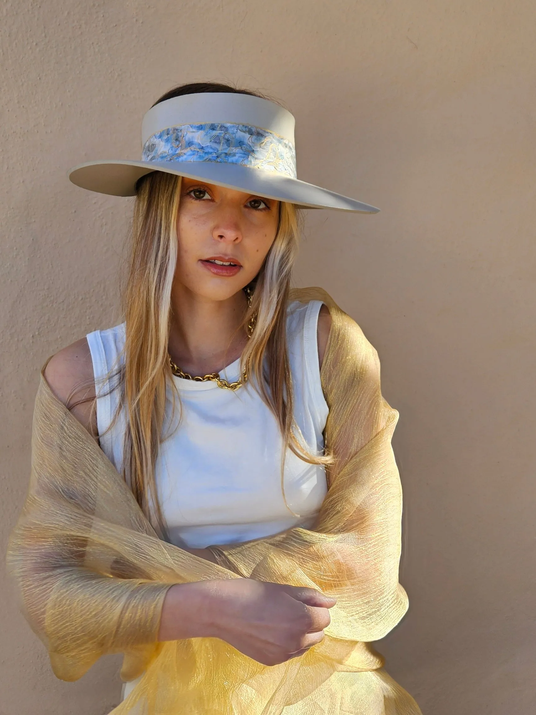 Tall Taupe "LadyEVA" Visor Hat with Soft Blue Floral Band