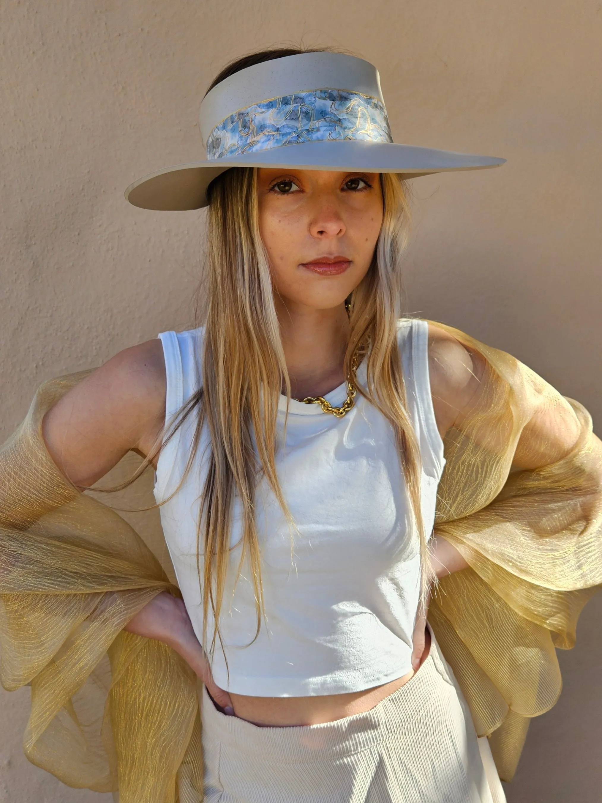 Tall Taupe "LadyEVA" Visor Hat with Soft Blue Floral Band