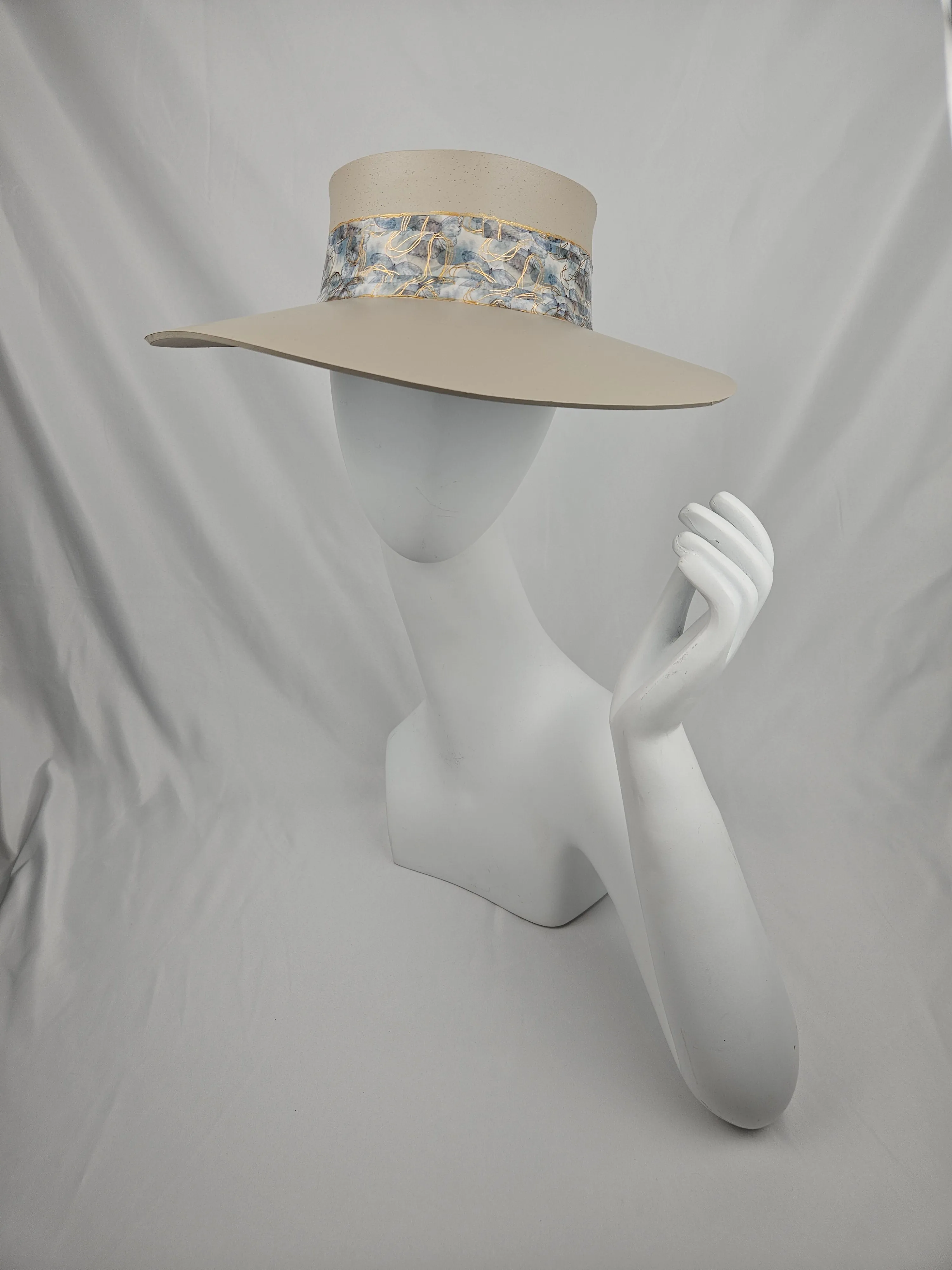 Tall Taupe "LadyEVA" Visor Hat with Soft Blue Floral Band