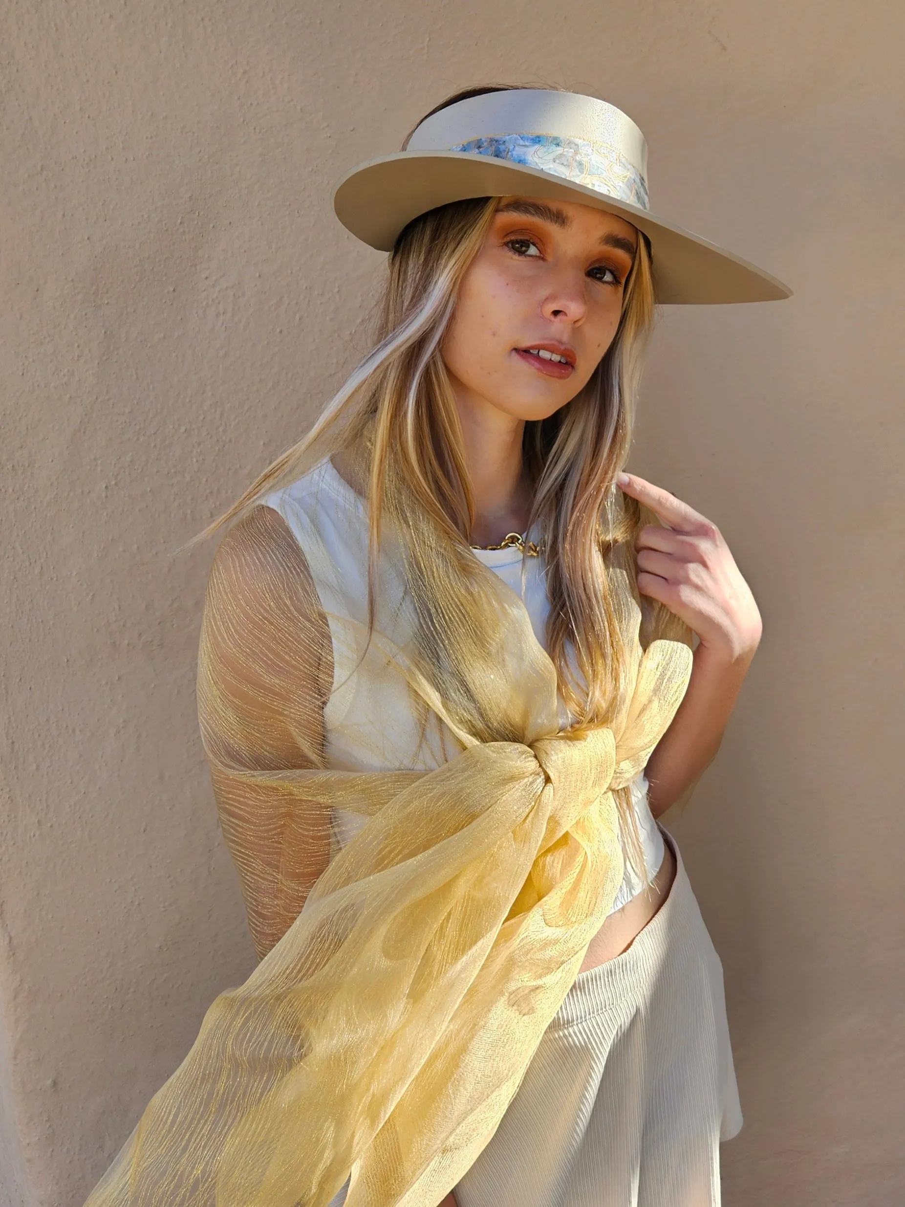 Tall Taupe "LadyEVA" Visor Hat with Soft Blue Floral Band