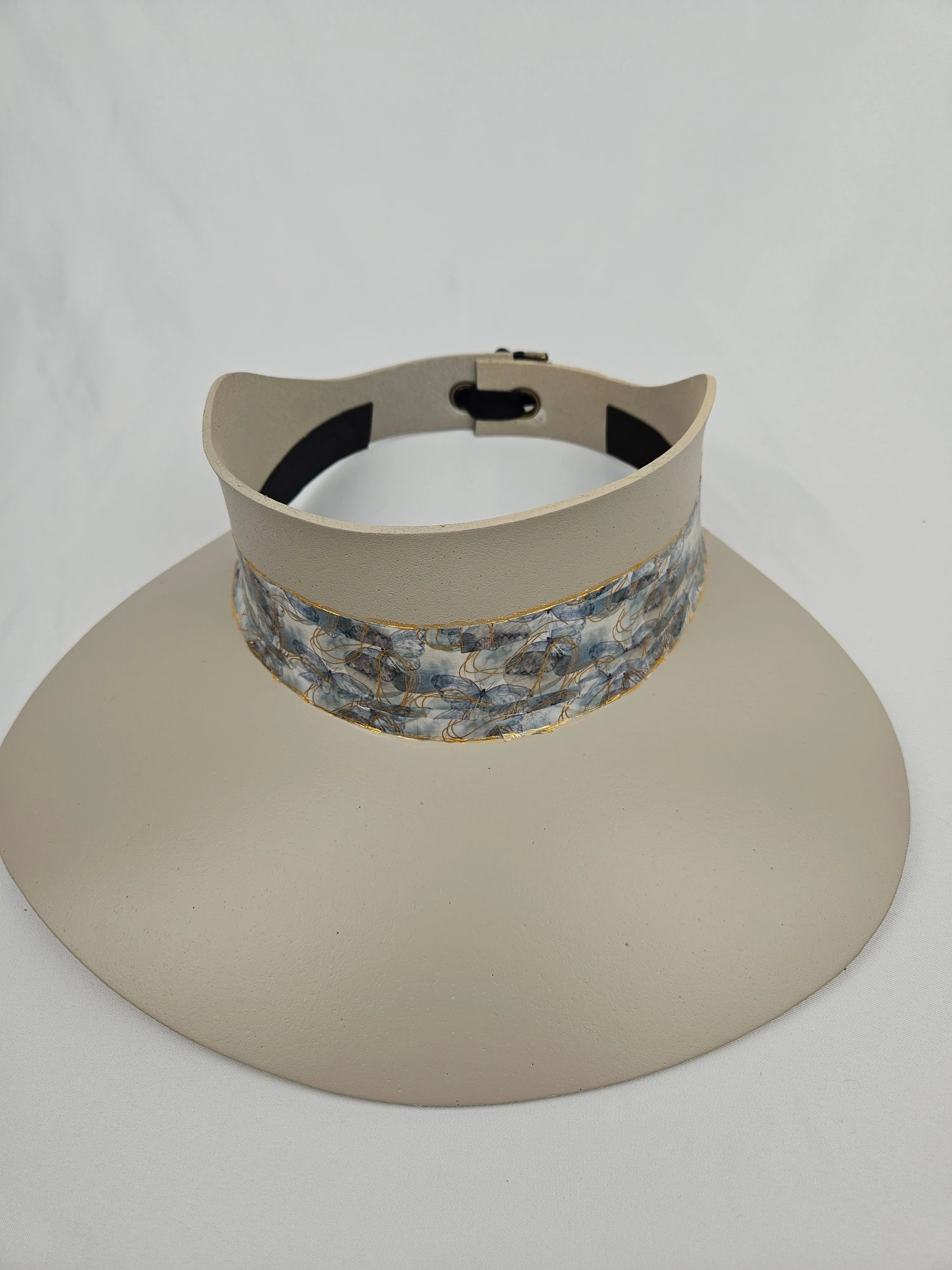 Tall Taupe "LadyEVA" Visor Hat with Soft Blue Floral Band