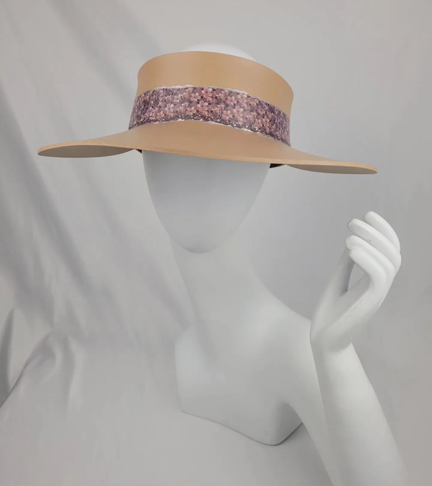 Tan "LadyEVA" Visor Hat with  Elegant Purple Floral Band