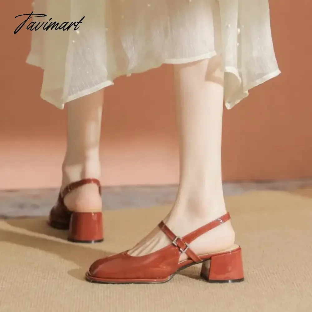 TAVIMART -  High Heels Mary Jane Sandals Women Summer Lacquer Leather Slingbacks Pumps Vintage Square Toe Thick Heeled Shoes Ladies