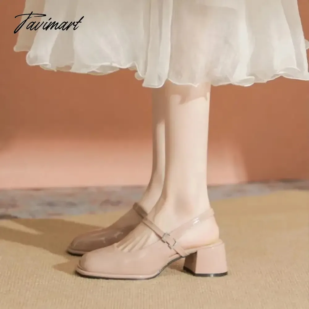 TAVIMART -  High Heels Mary Jane Sandals Women Summer Lacquer Leather Slingbacks Pumps Vintage Square Toe Thick Heeled Shoes Ladies