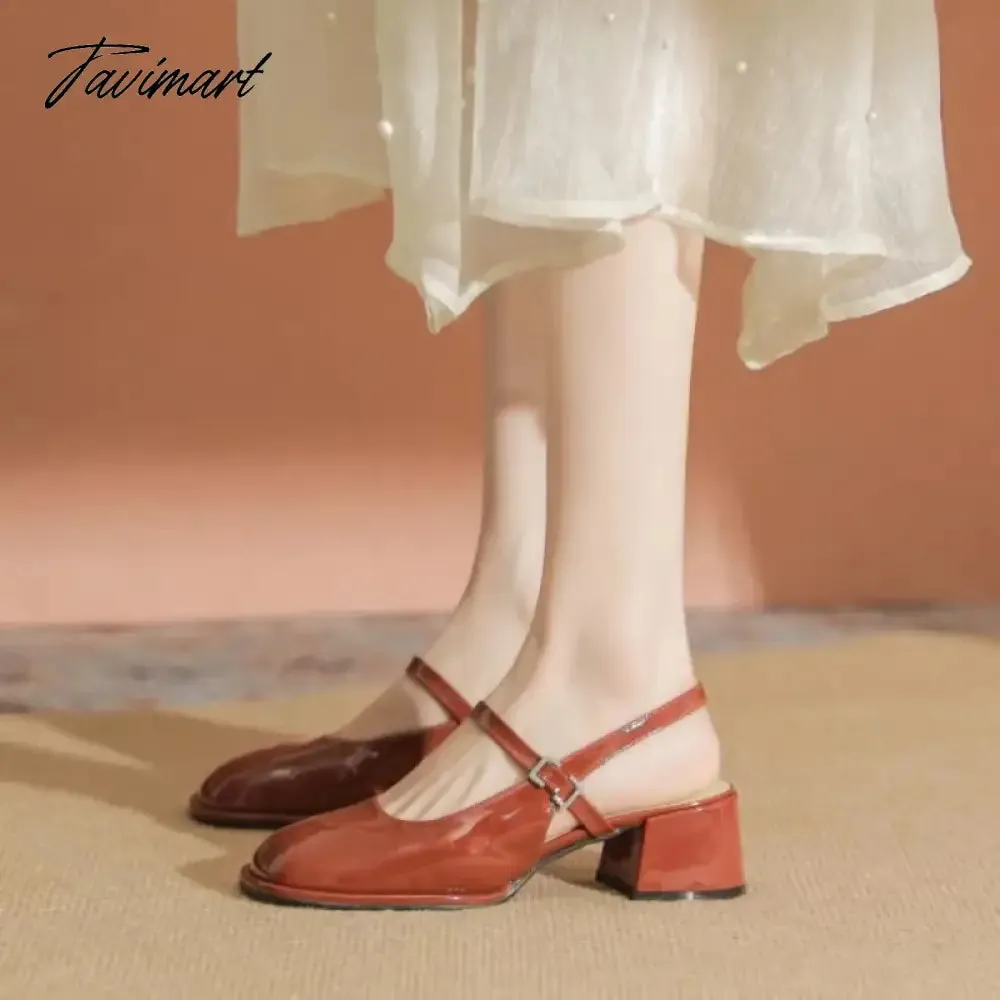 TAVIMART -  High Heels Mary Jane Sandals Women Summer Lacquer Leather Slingbacks Pumps Vintage Square Toe Thick Heeled Shoes Ladies