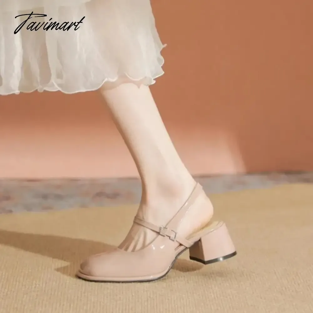 TAVIMART -  High Heels Mary Jane Sandals Women Summer Lacquer Leather Slingbacks Pumps Vintage Square Toe Thick Heeled Shoes Ladies