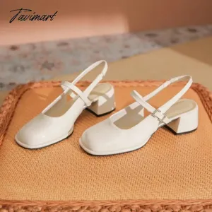 TAVIMART -  High Heels Mary Jane Sandals Women Summer Lacquer Leather Slingbacks Pumps Vintage Square Toe Thick Heeled Shoes Ladies