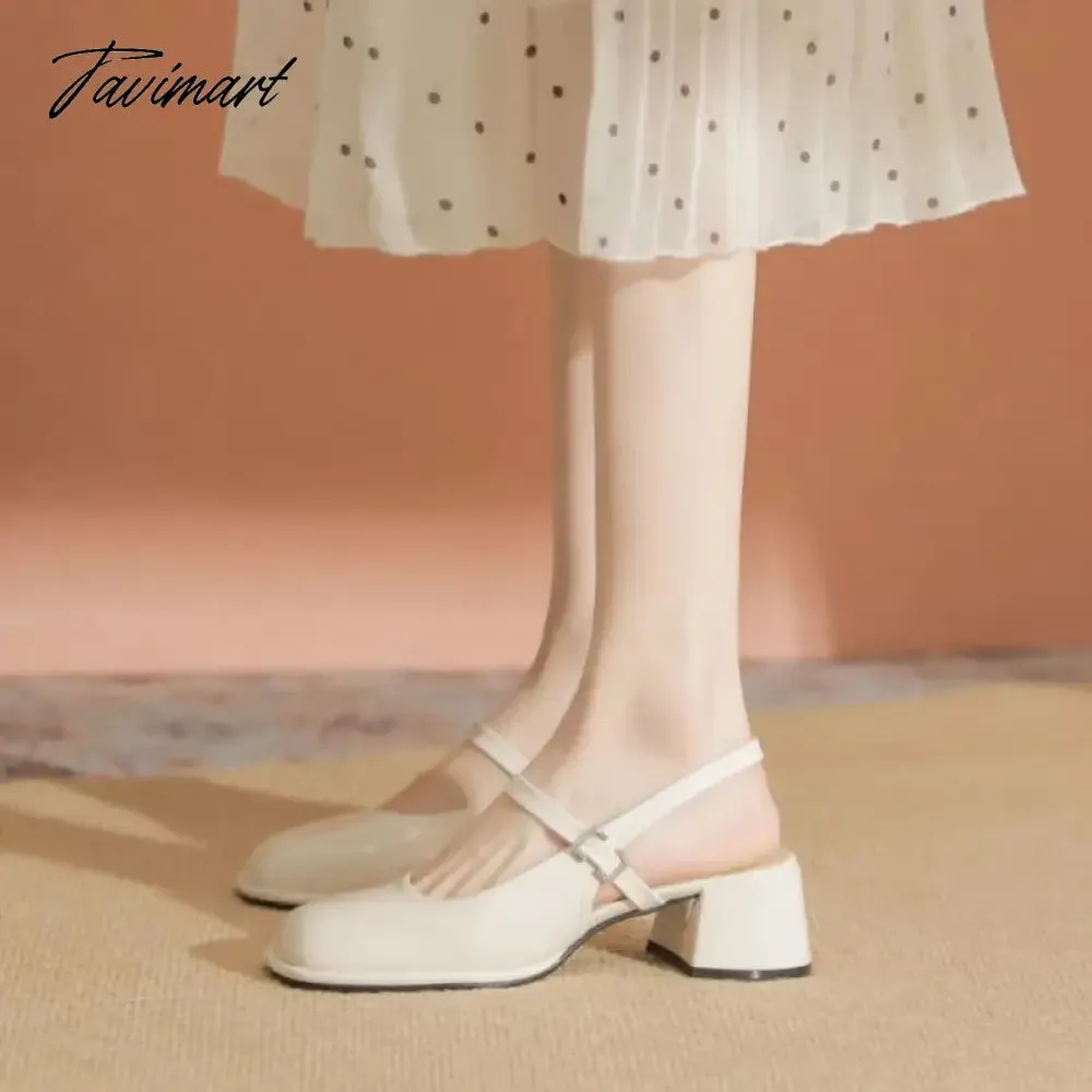 TAVIMART -  High Heels Mary Jane Sandals Women Summer Lacquer Leather Slingbacks Pumps Vintage Square Toe Thick Heeled Shoes Ladies