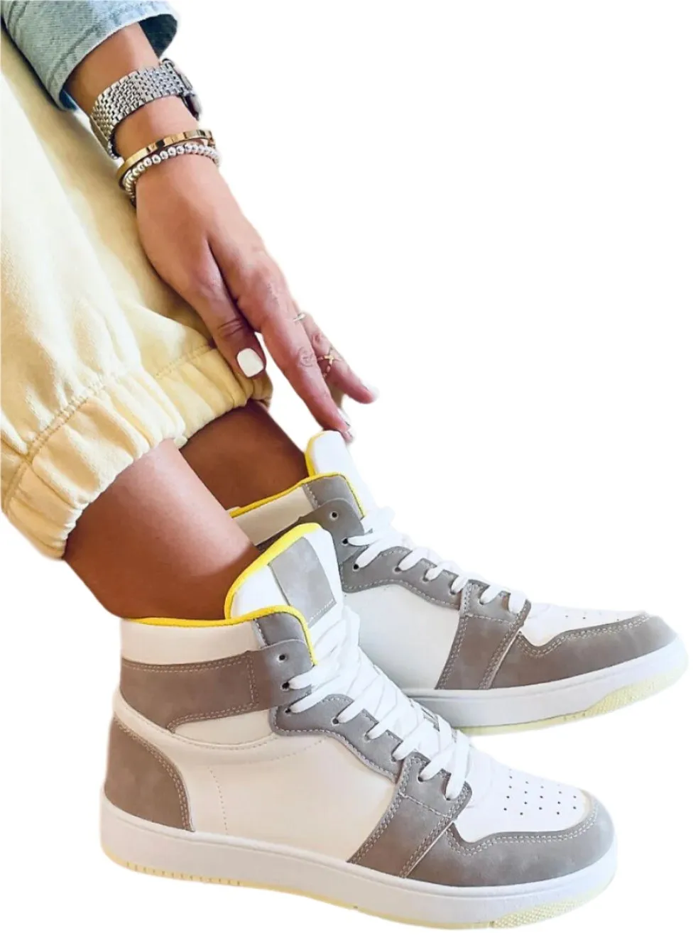 TEEK - White Stone Yellow Womens High-Top Sneakers