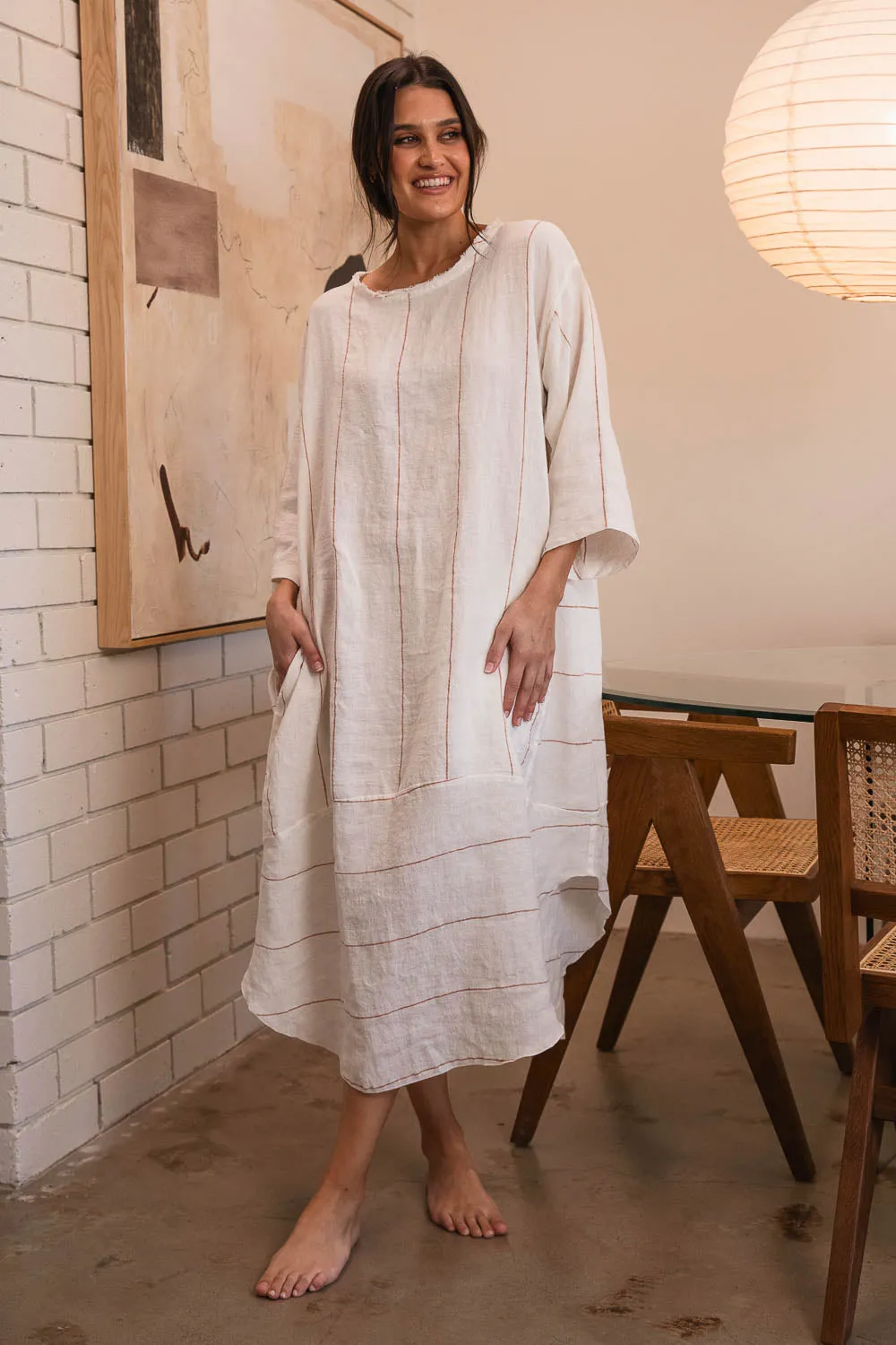 The Carter Malle Linen Dress - Off White w' Nutmeg Fine Stripe