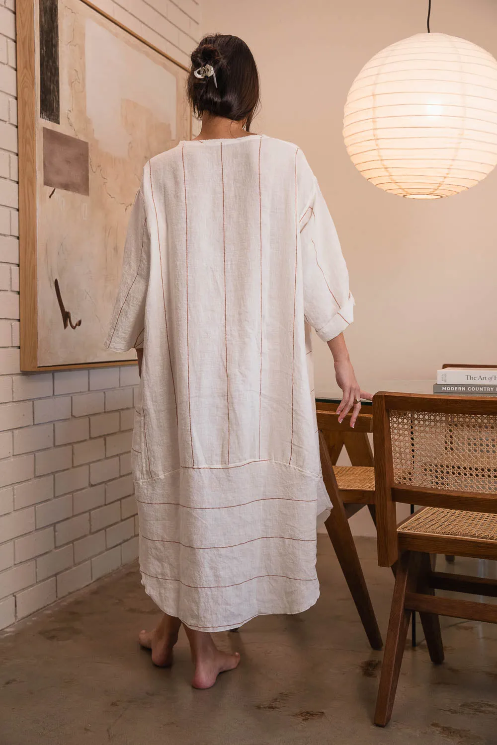 The Carter Malle Linen Dress - Off White w' Nutmeg Fine Stripe