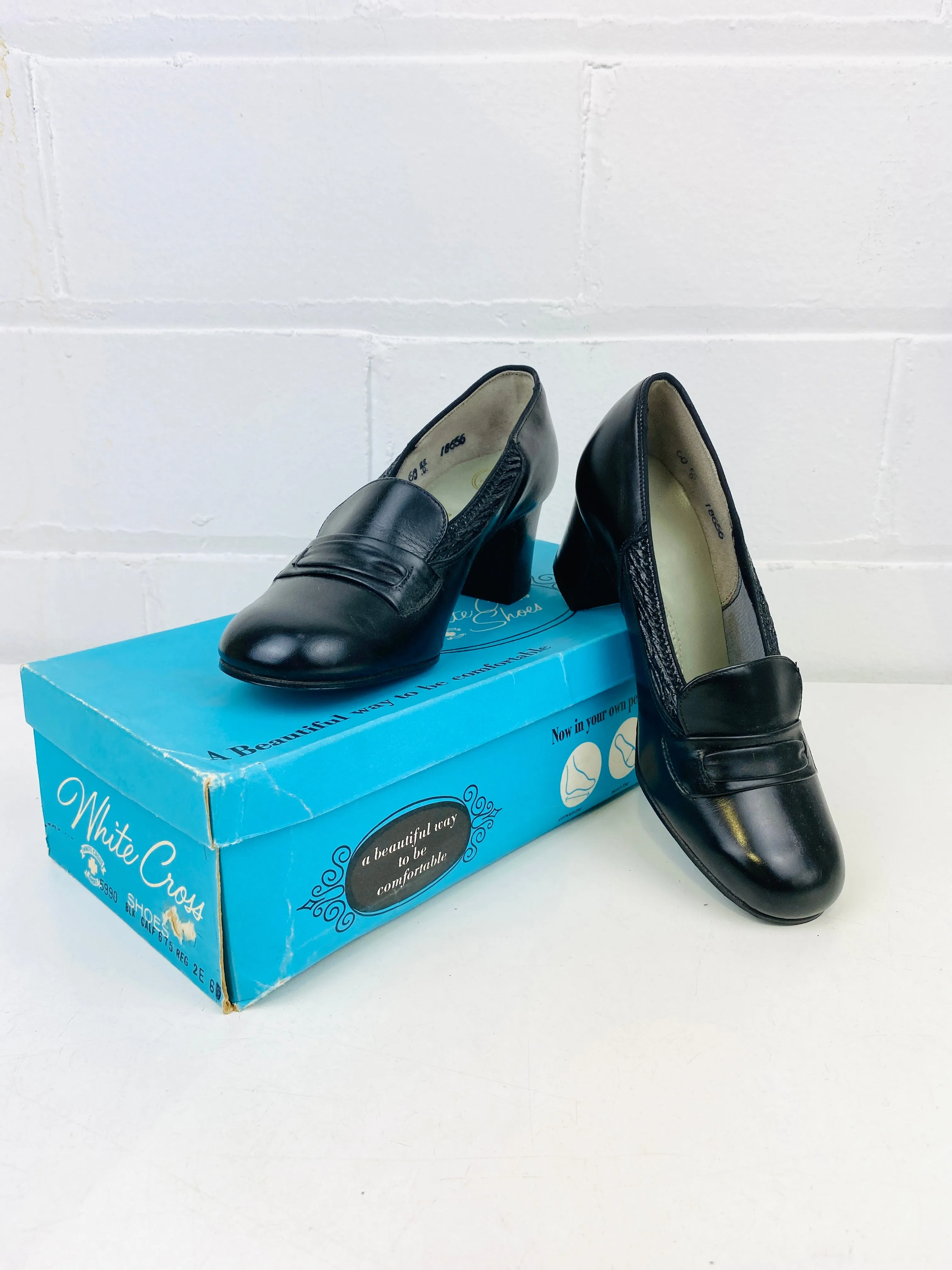 Vintage Deadstock Shoes, Women's 1980s Black Leather Cuban Heel Pumps, NOS, 5990