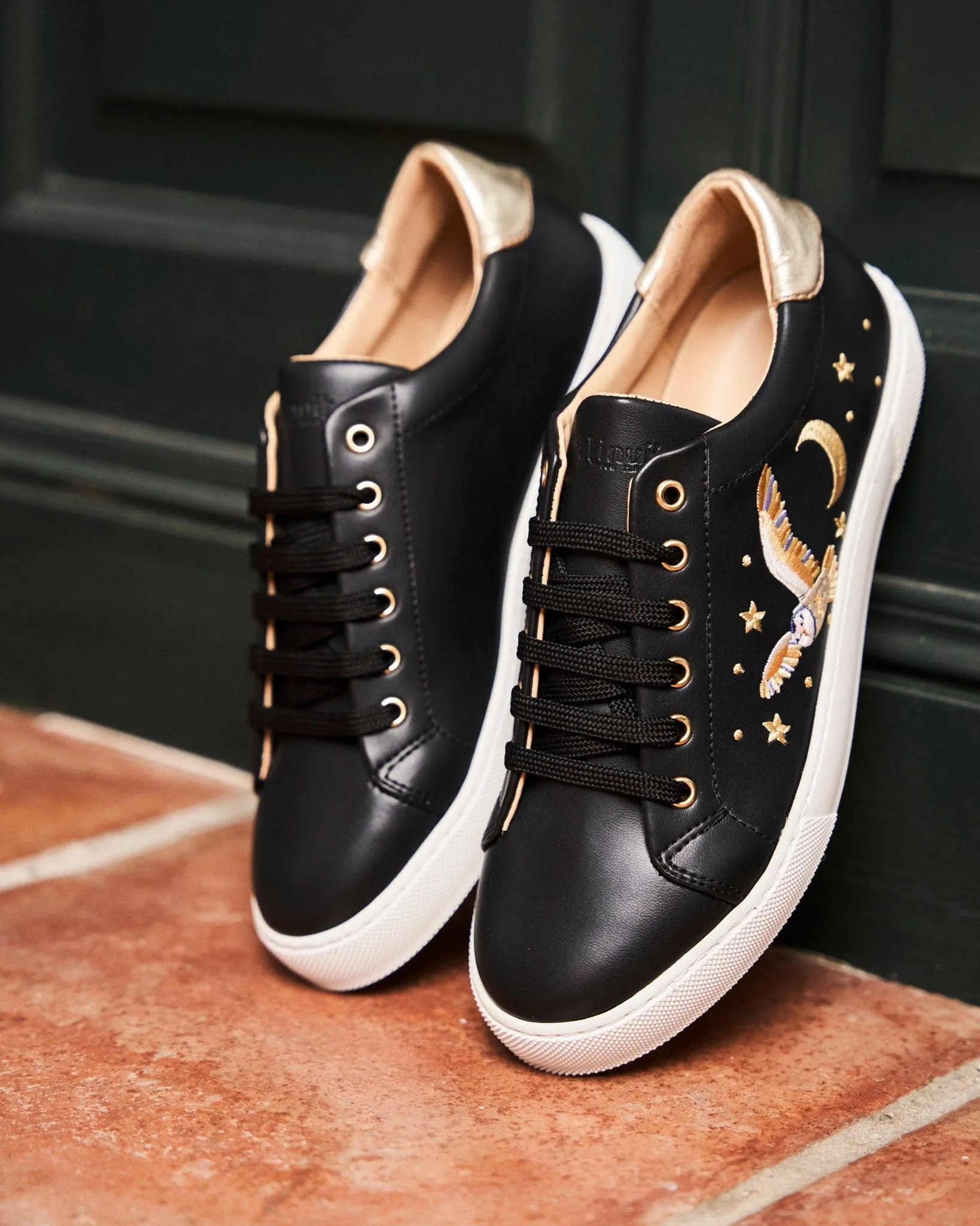 Virevolte Recycled Vegan Leather Embroidered Sneakers | Black Gold