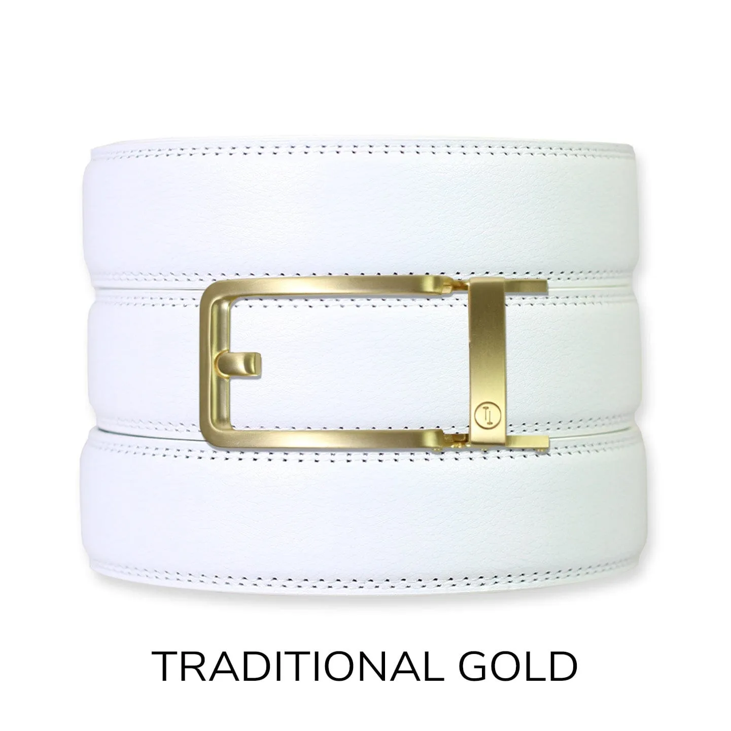 White Leather Ratchet Belt & Buckle Set