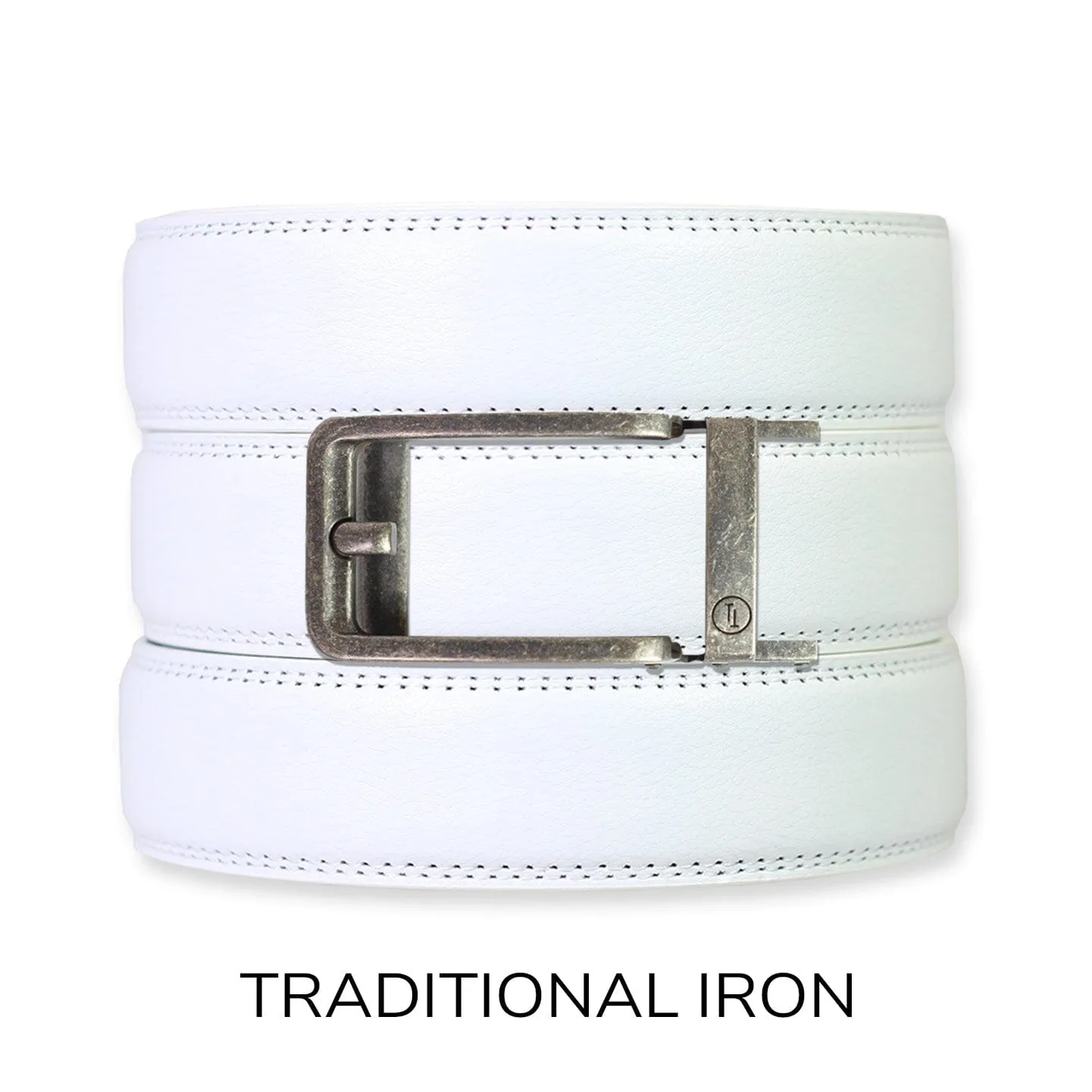 White Leather Ratchet Belt & Buckle Set