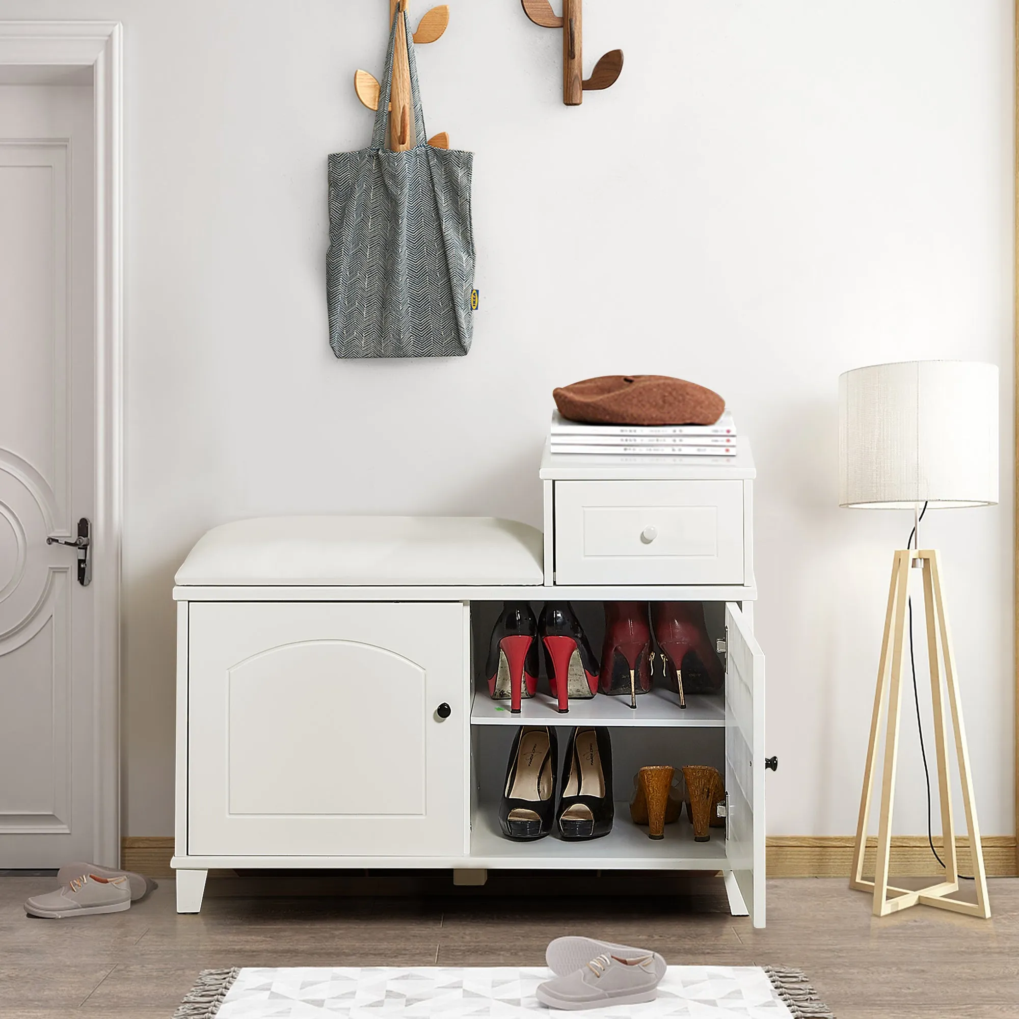 White Shoe Storage Bench Cabinet with Fireproof PU Cushion, Double Doors and Movable Drawer Wood for Door Entrance