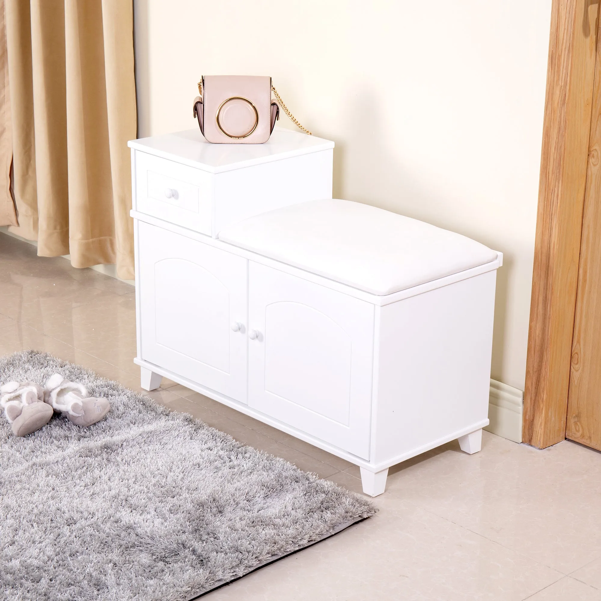 White Shoe Storage Bench Cabinet with Fireproof PU Cushion, Double Doors and Movable Drawer Wood for Door Entrance