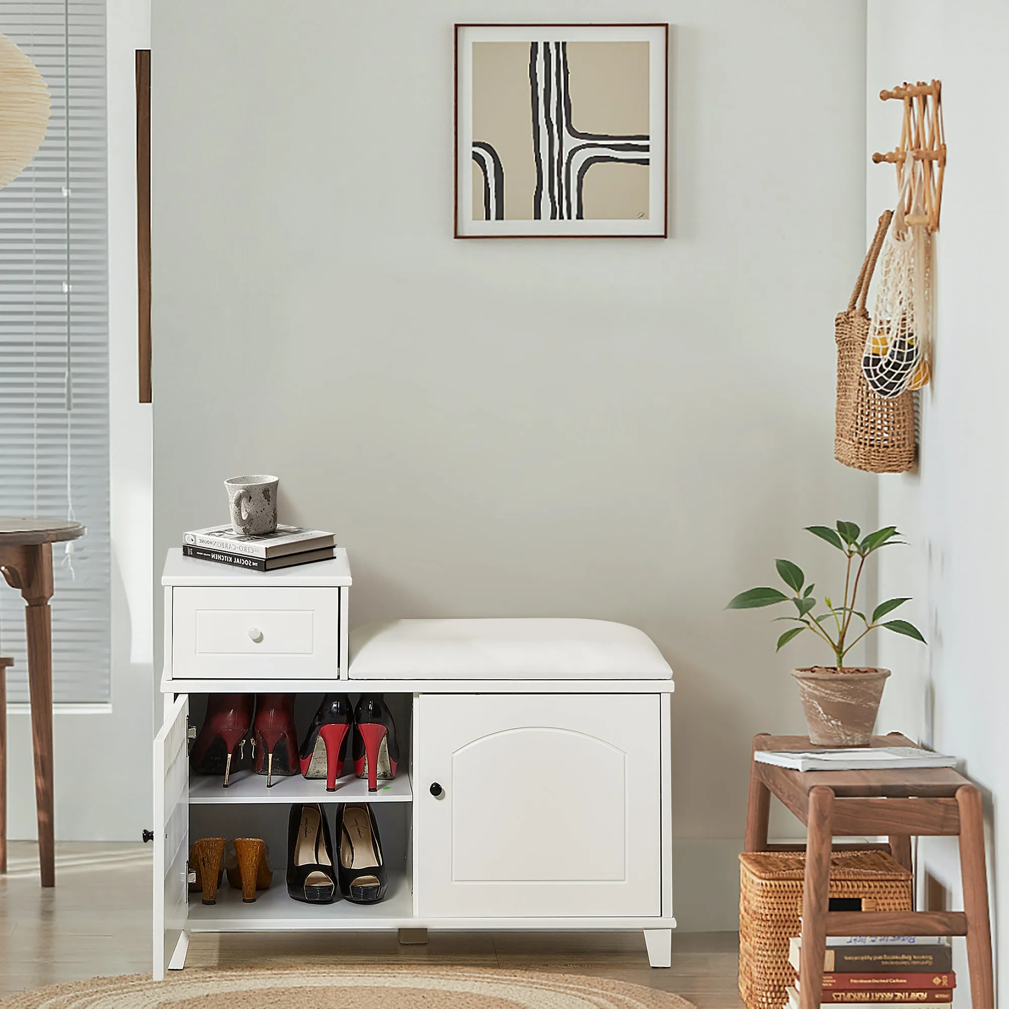 White Shoe Storage Bench Cabinet with Fireproof PU Cushion, Double Doors and Movable Drawer Wood for Door Entrance