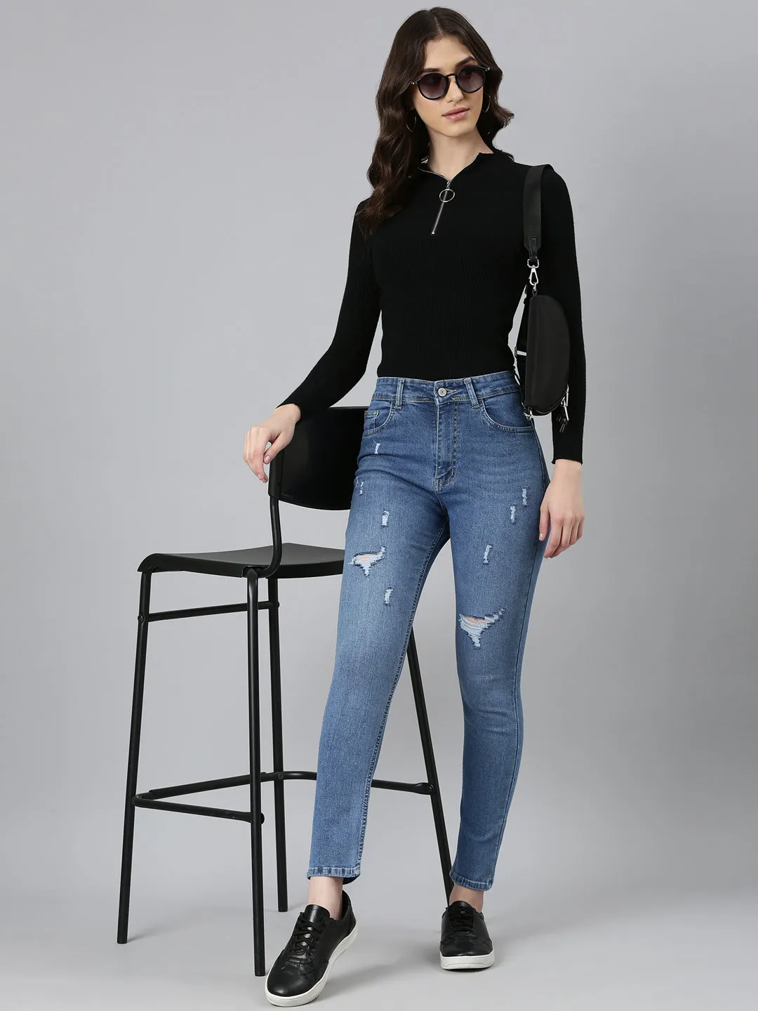 Women Blue Solid Regular Fit Denim Jeans