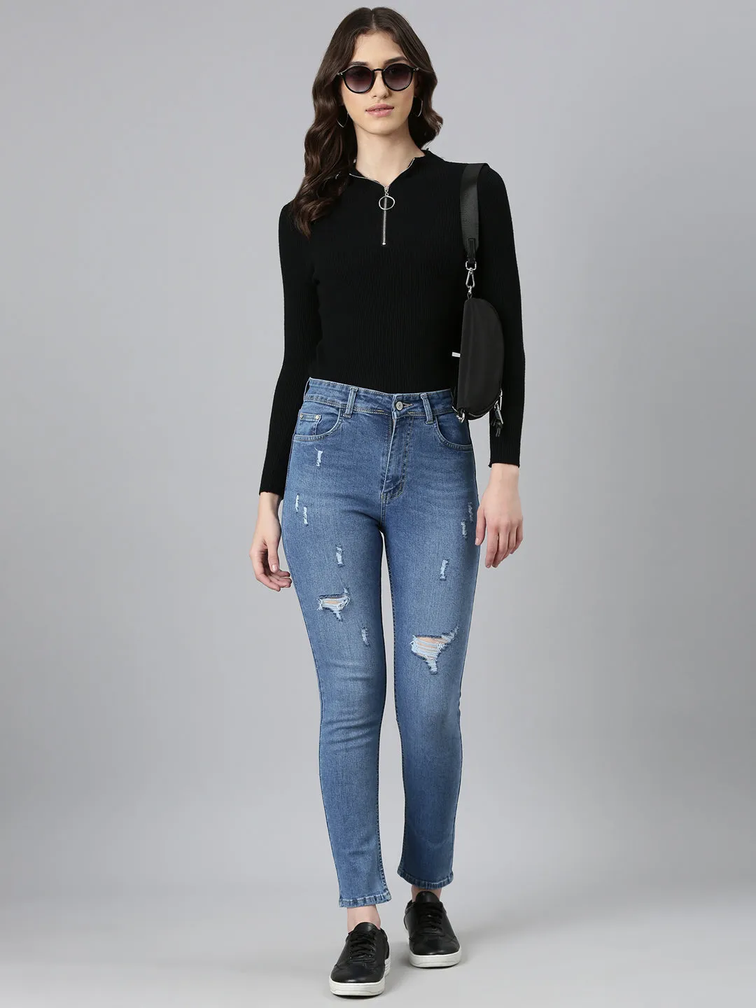 Women Blue Solid Regular Fit Denim Jeans