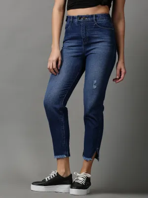 Women's Blue Solid Boyfriend Fit Denim Jeans