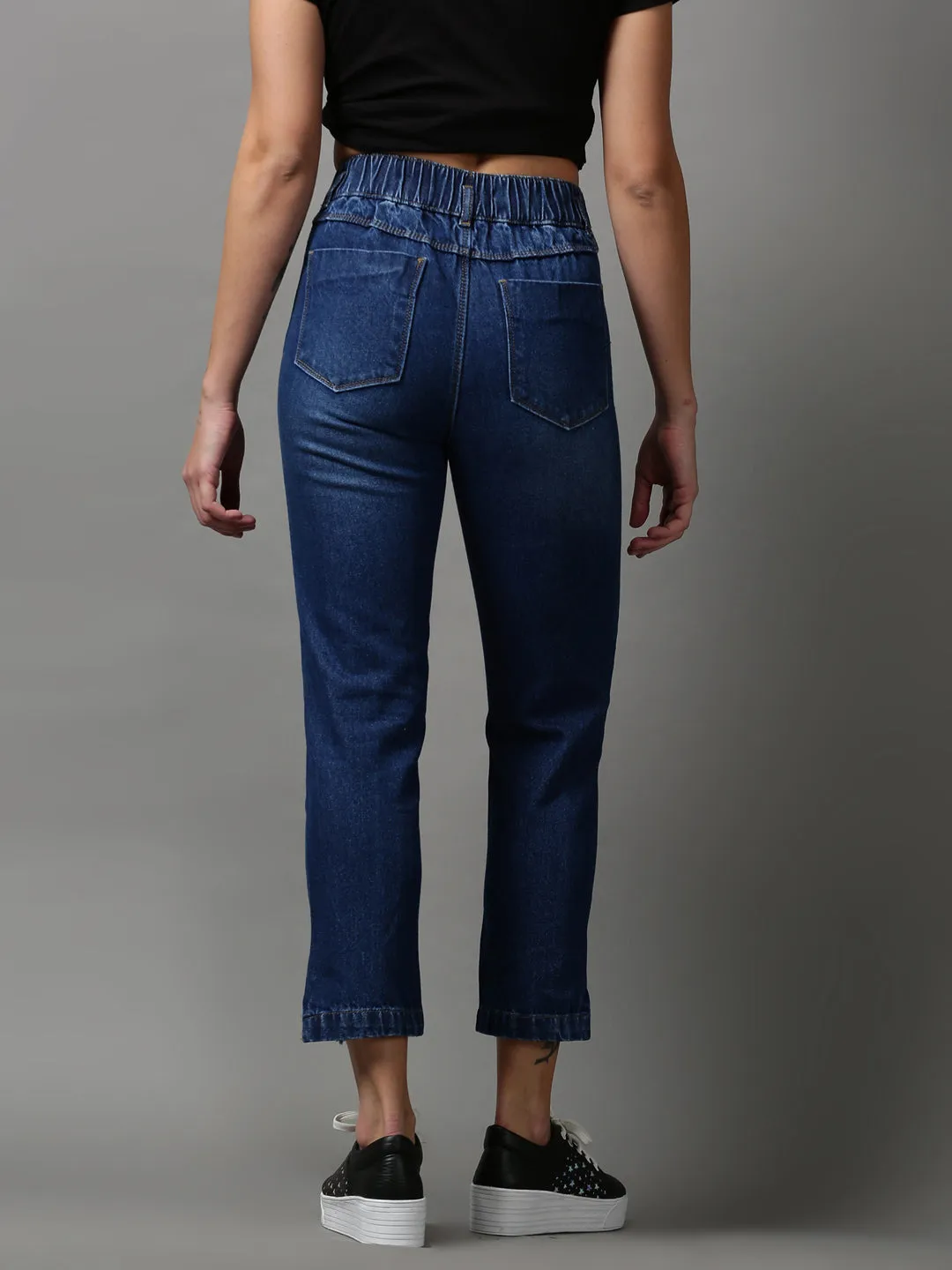 Women's Blue Solid Boyfriend Fit Denim Jeans