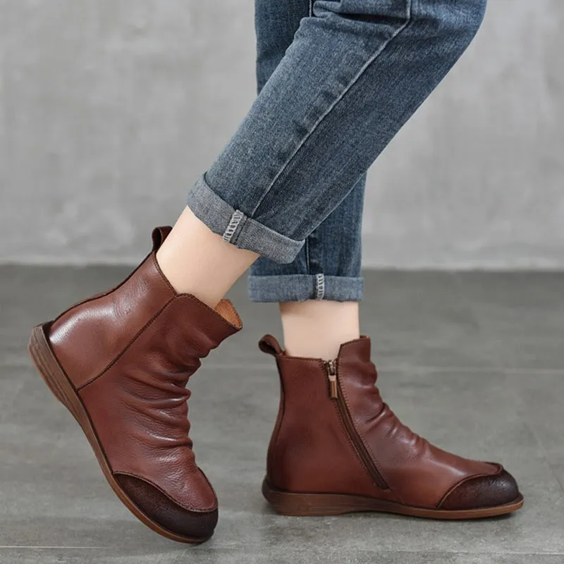 Wrinkled Leather Chelsea Boots For Women Soft Ankle Boots Retro Round Toe in Coffee/Black